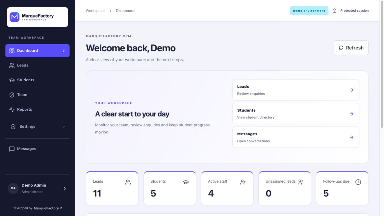Education CRM demo dashboard showing lead, student, staff, and follow-up summary cards