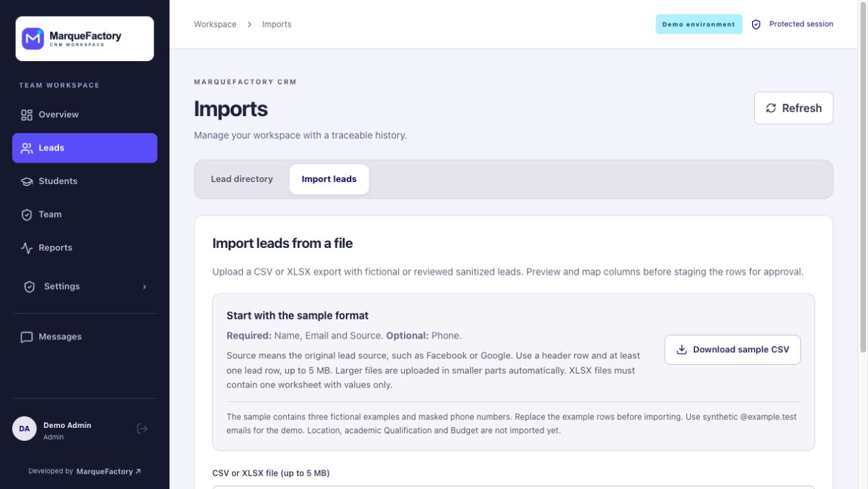 Education CRM lead import screen describing CSV and Excel uploads with a sample file