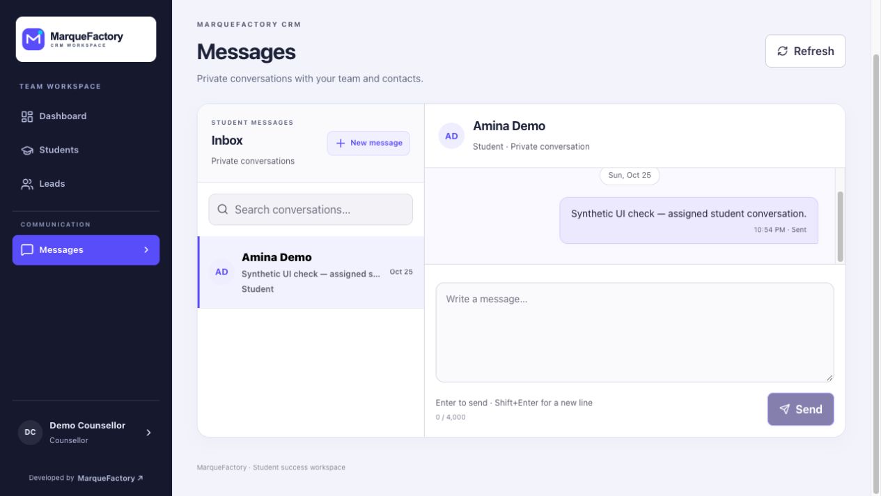 Education CRM messaging demonstration with a fictional student conversation and message composer