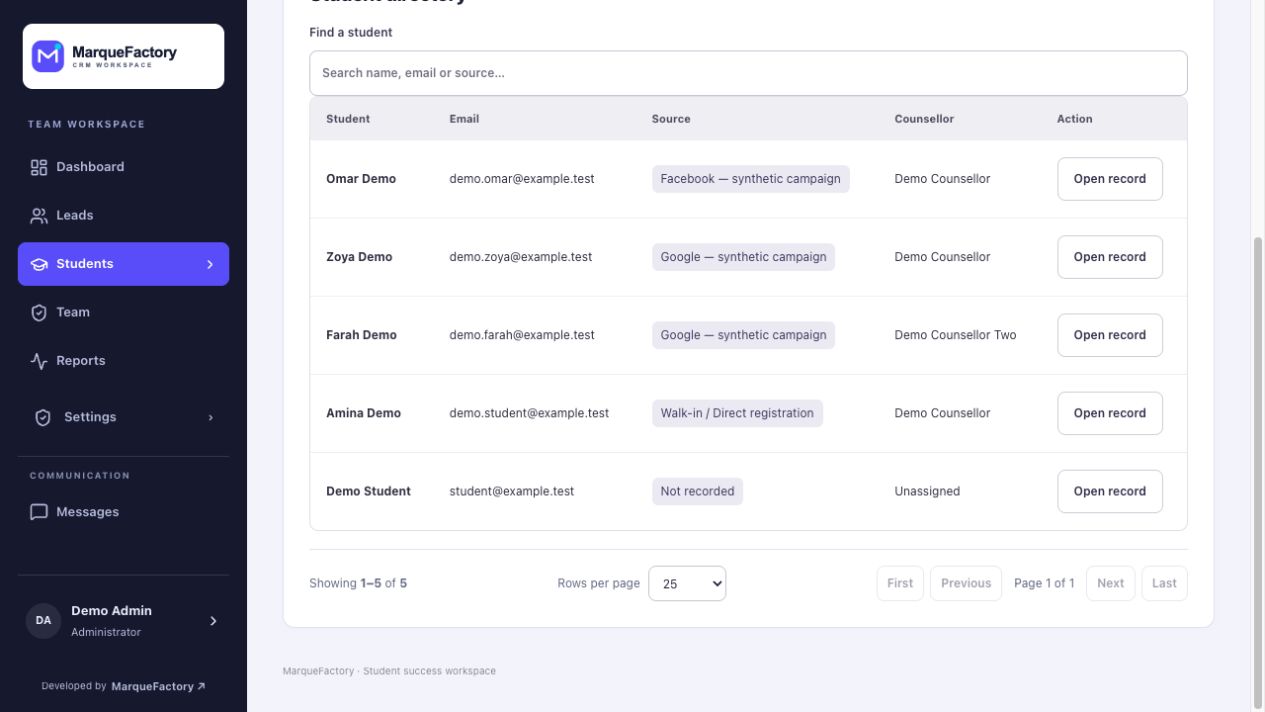 Education CRM student directory with fictional students, enquiry sources, and assigned counsellors