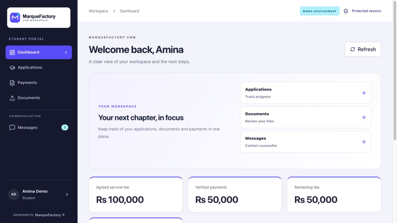 Student portal demo showing application, document, and message navigation with sample fee balances